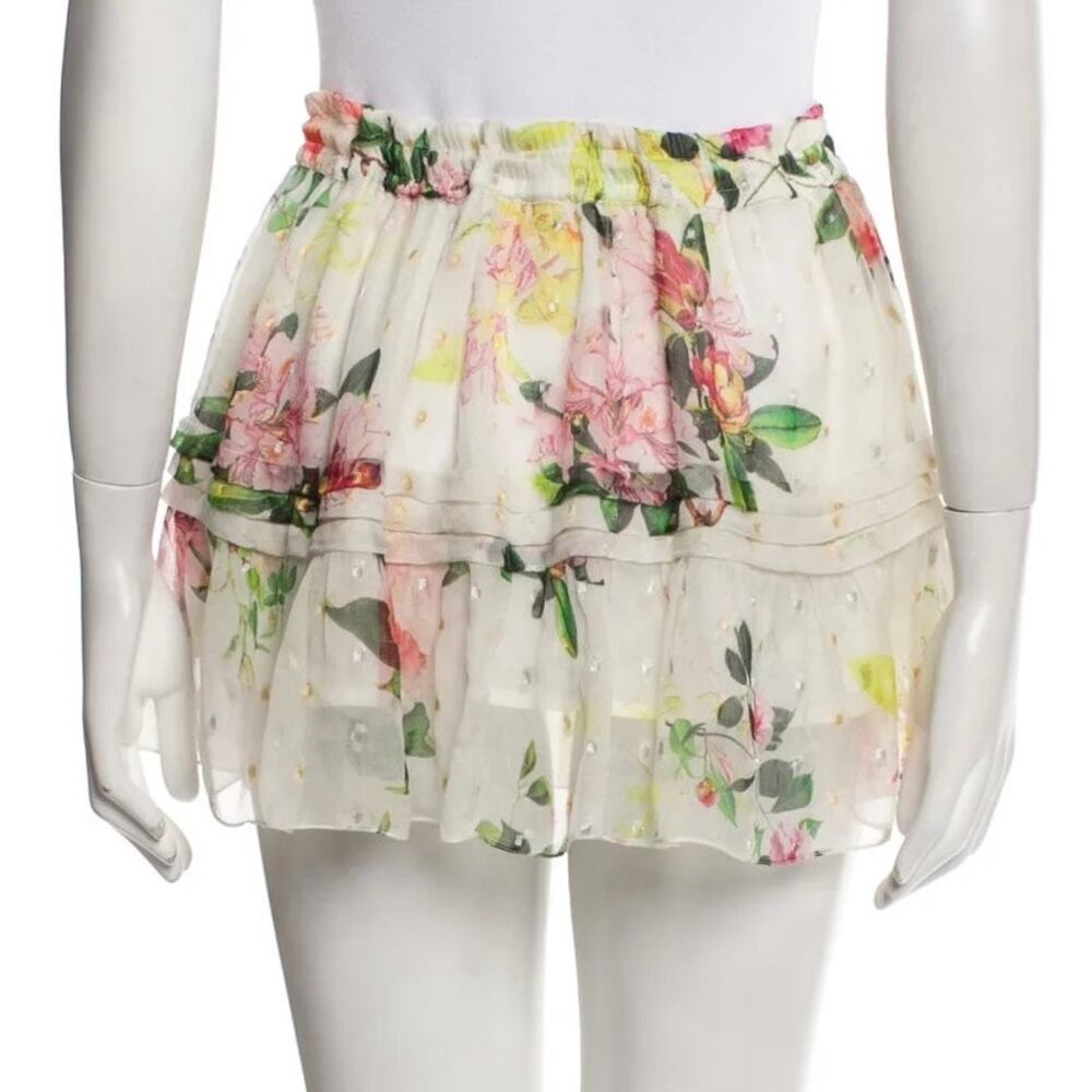 Rococo Sand Floral Tiered Mini Skirt Size M Sheer Ruffle Layered Boho Chic EUC